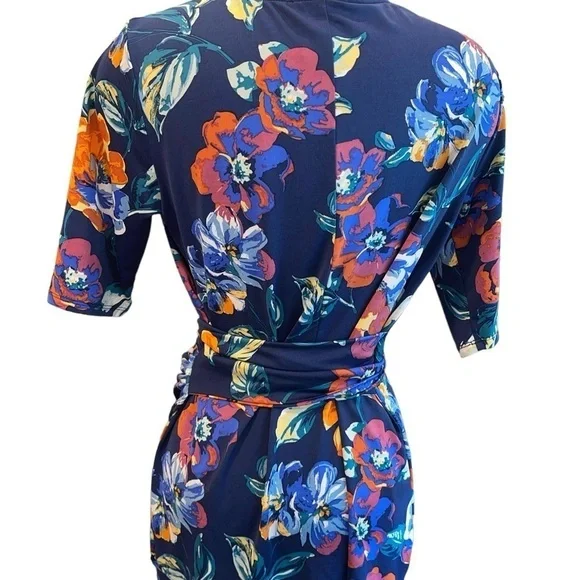 Kate & Mallory Women's Top Size M Blue Floral Wrap Tie Around Waist Short Sleeve - Picture 8 of 12